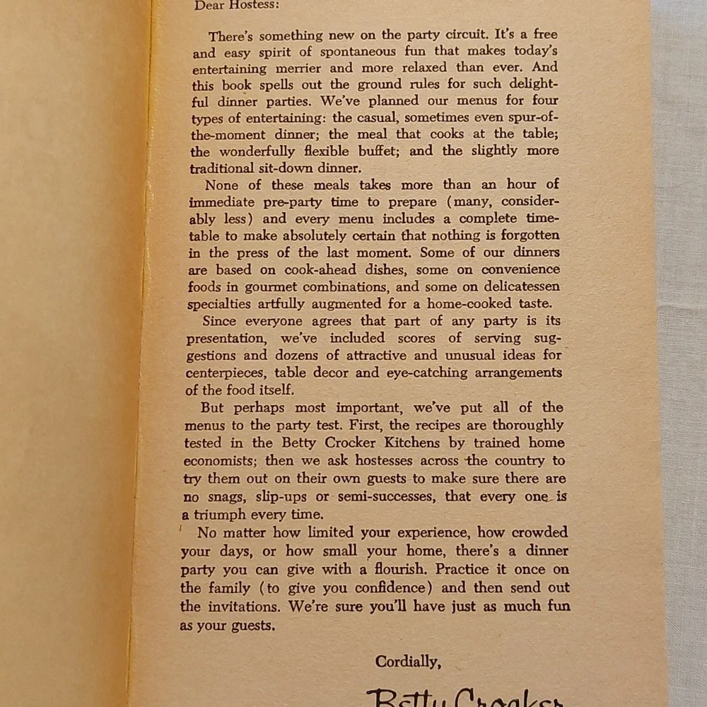 Vintage 1975 Betty Crocker Dinner Parties Cookbook